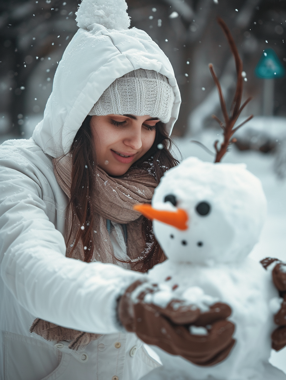 Young adult in a white hoodie and gloves making a snowman