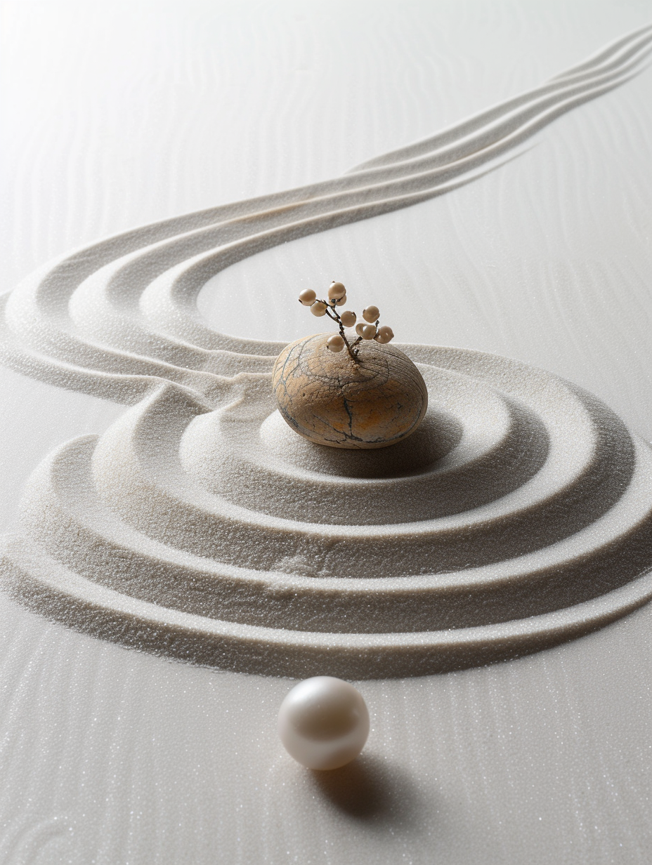 Zen garden scene with a solitary String of Pearls plant in the center